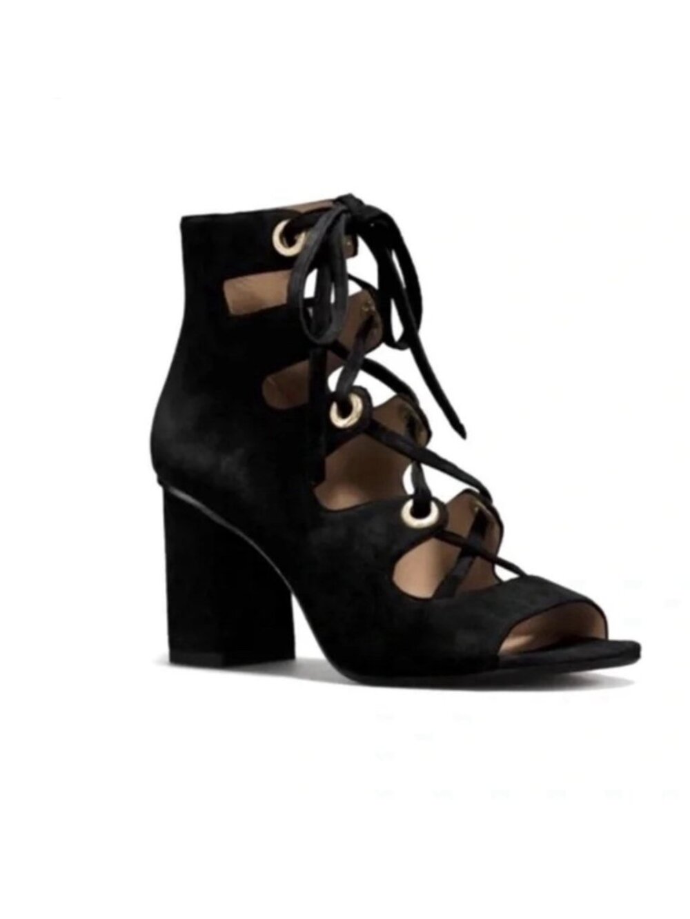 New Coach Women’s 5M Priscilla Lux Black Suede Lace Up Open Toe Sandals 3” Heels
